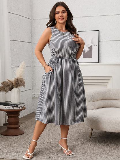 Contrast Color Striped Sleeveless Pocket Dress