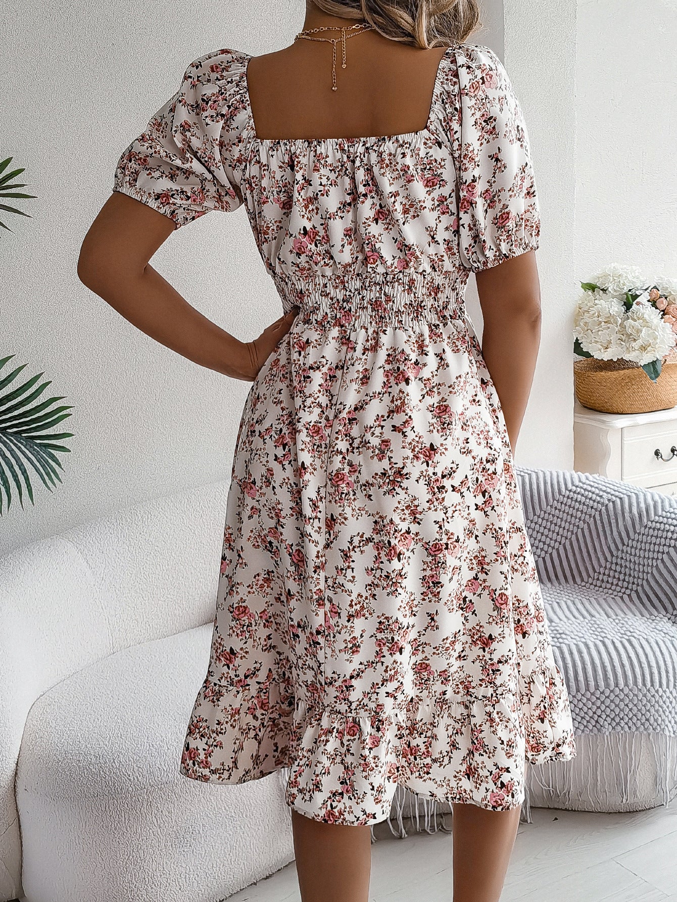 Smocked Floral Puff Sleeve Dress