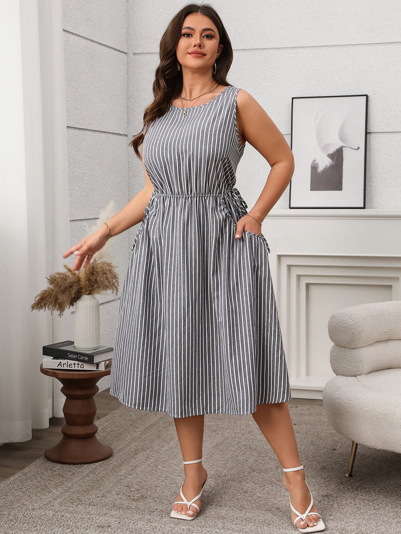 Contrast Color Striped Sleeveless Pocket Dress