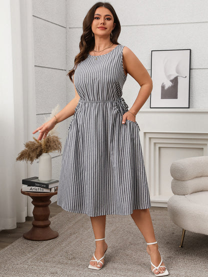 Contrast Color Striped Sleeveless Pocket Dress