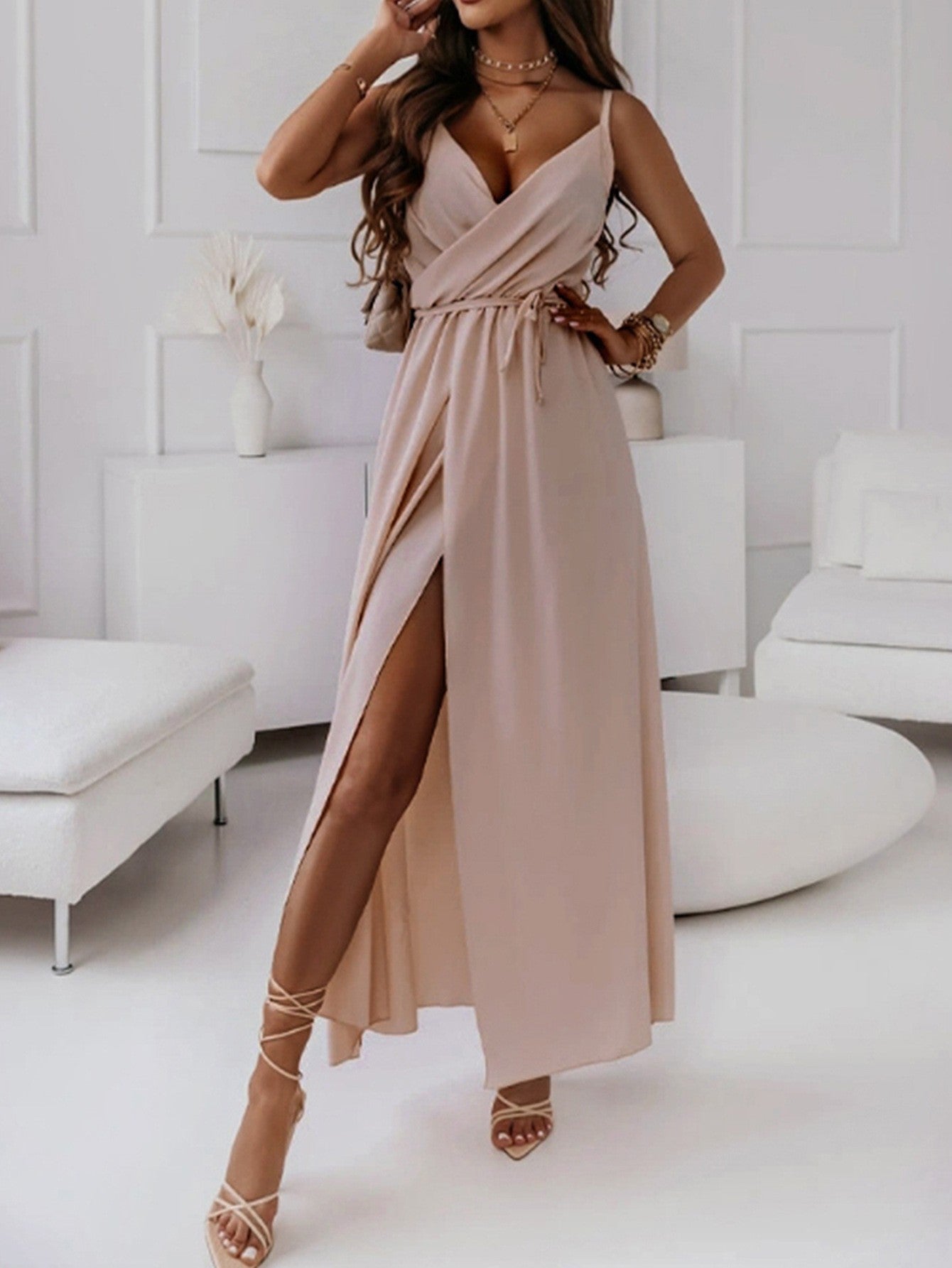 V-Neck Cami Slit Midi Dress with Tie-Waist