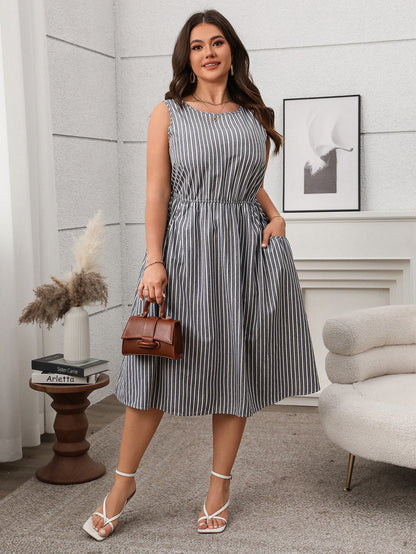 Contrast Color Striped Sleeveless Pocket Dress