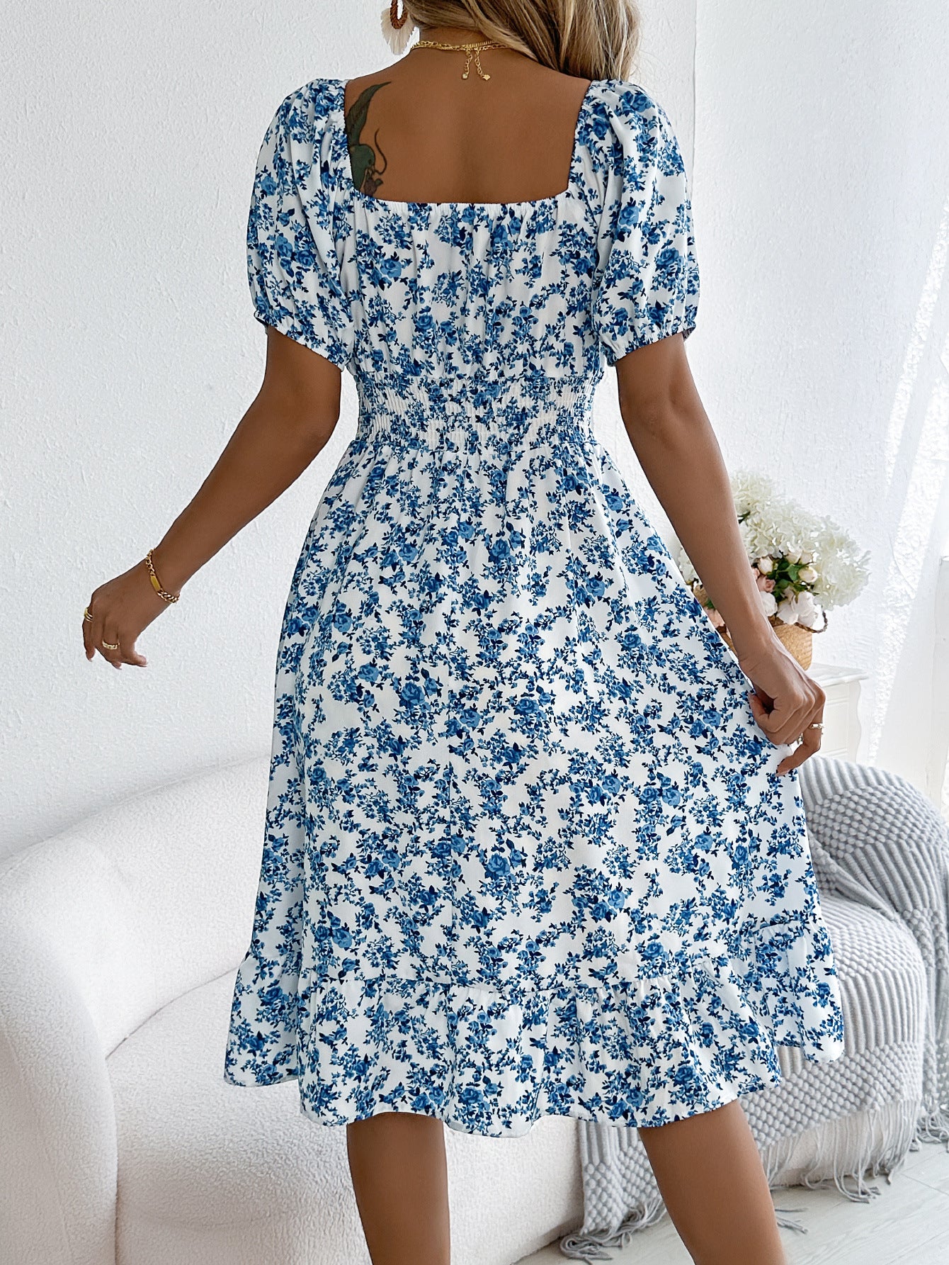 Smocked Floral Puff Sleeve Dress