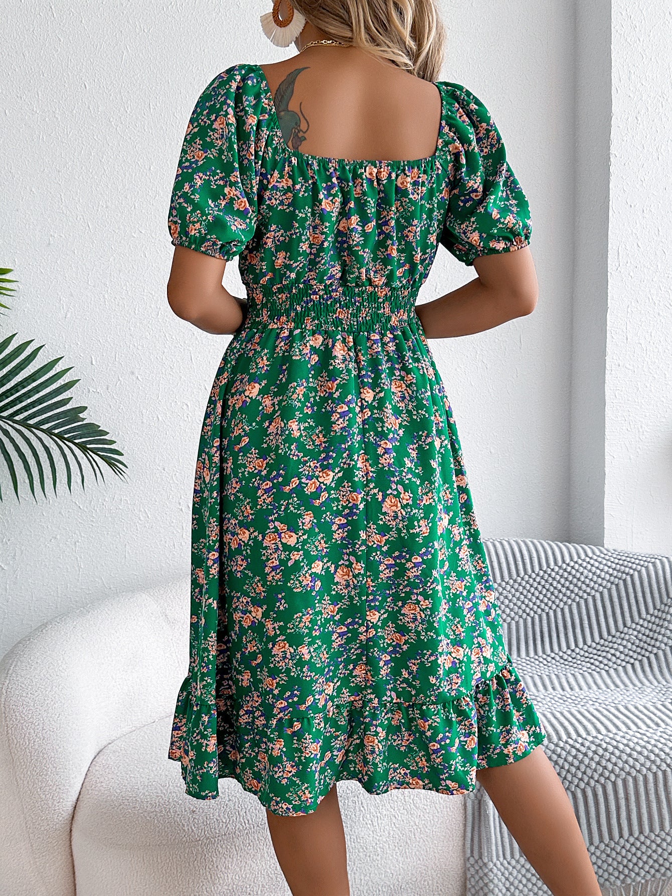 Smocked Floral Puff Sleeve Dress