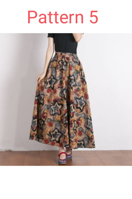 Bohemian Print Cotton Linen A-Line Maxi Skirt