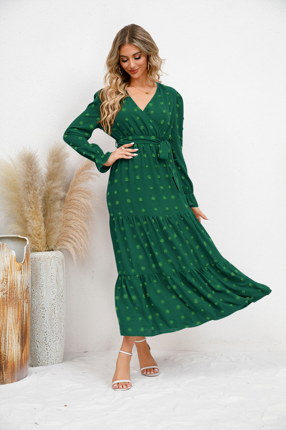 Textured Tiered Maxi Wrap Dress