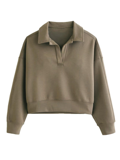 Polo Collared V-Neck Pullover Sweatshirt