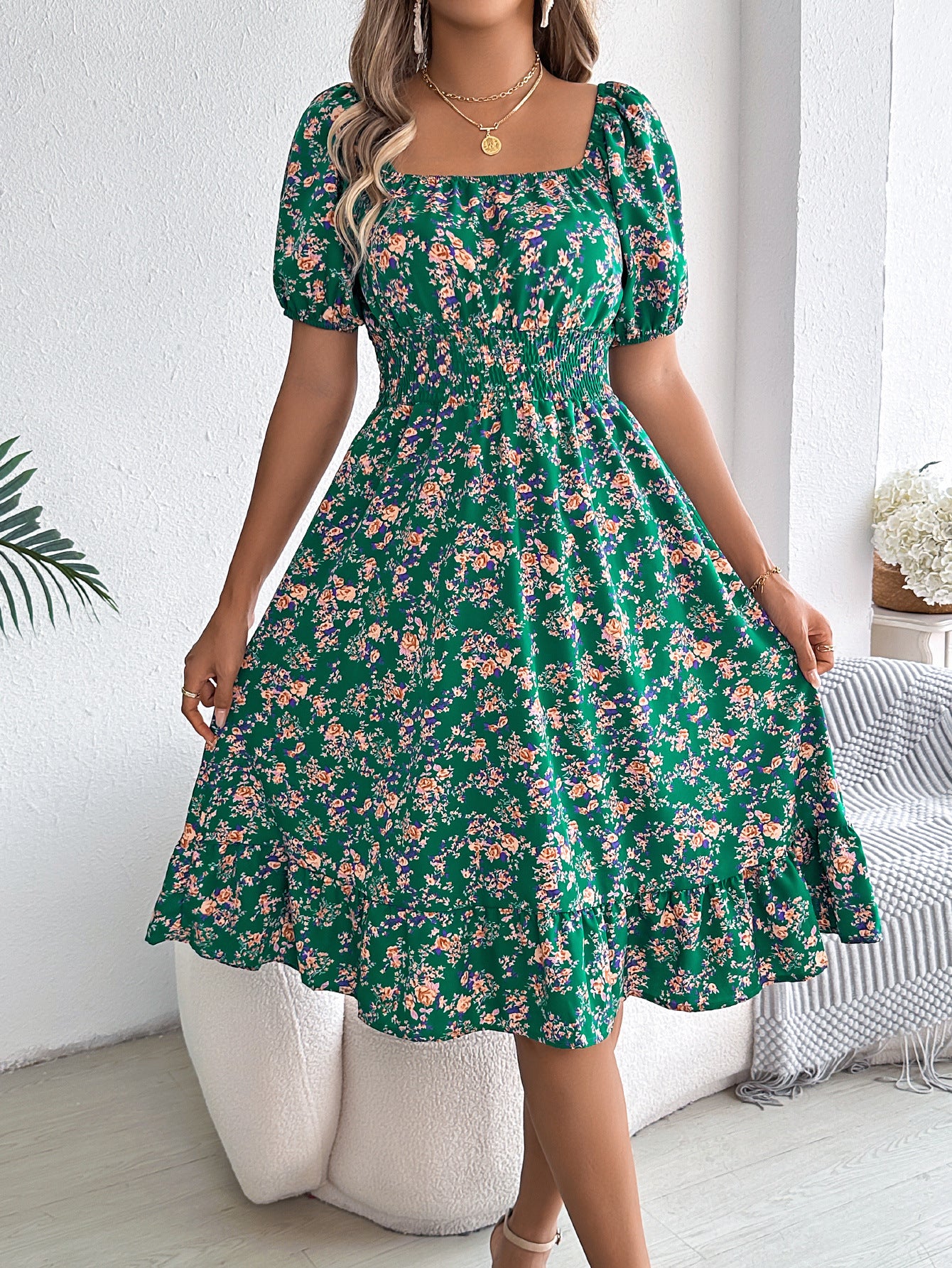 Smocked Floral Puff Sleeve Dress