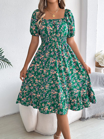 Smocked Floral Puff Sleeve Dress
