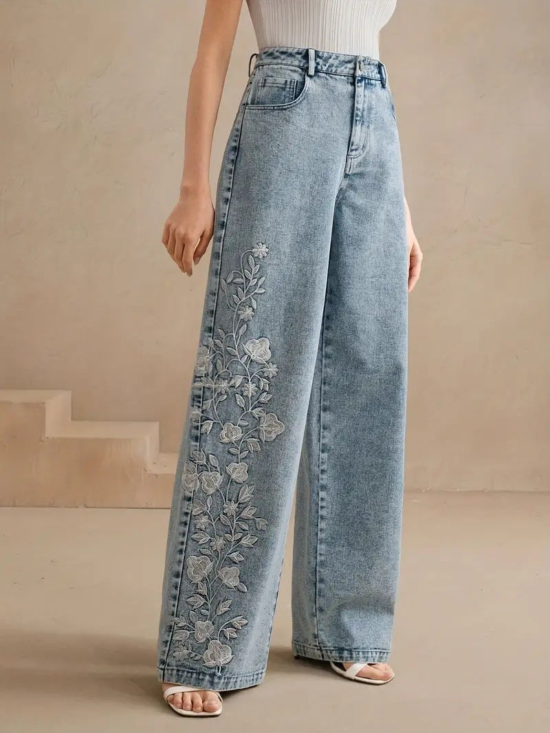 Embroidered High Waist Wide Leg Jeans
