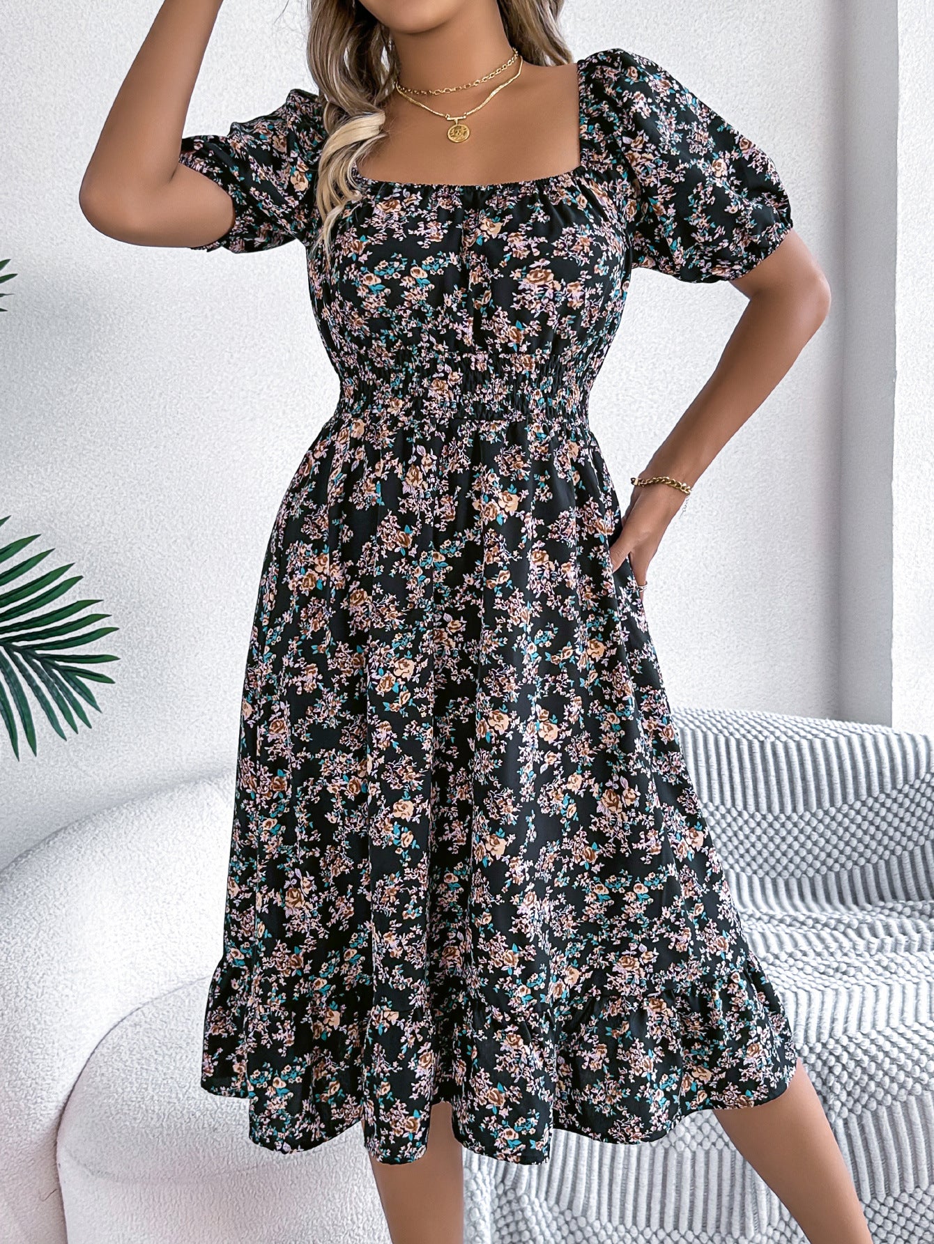Smocked Floral Puff Sleeve Dress