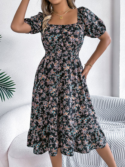 Smocked Floral Puff Sleeve Dress