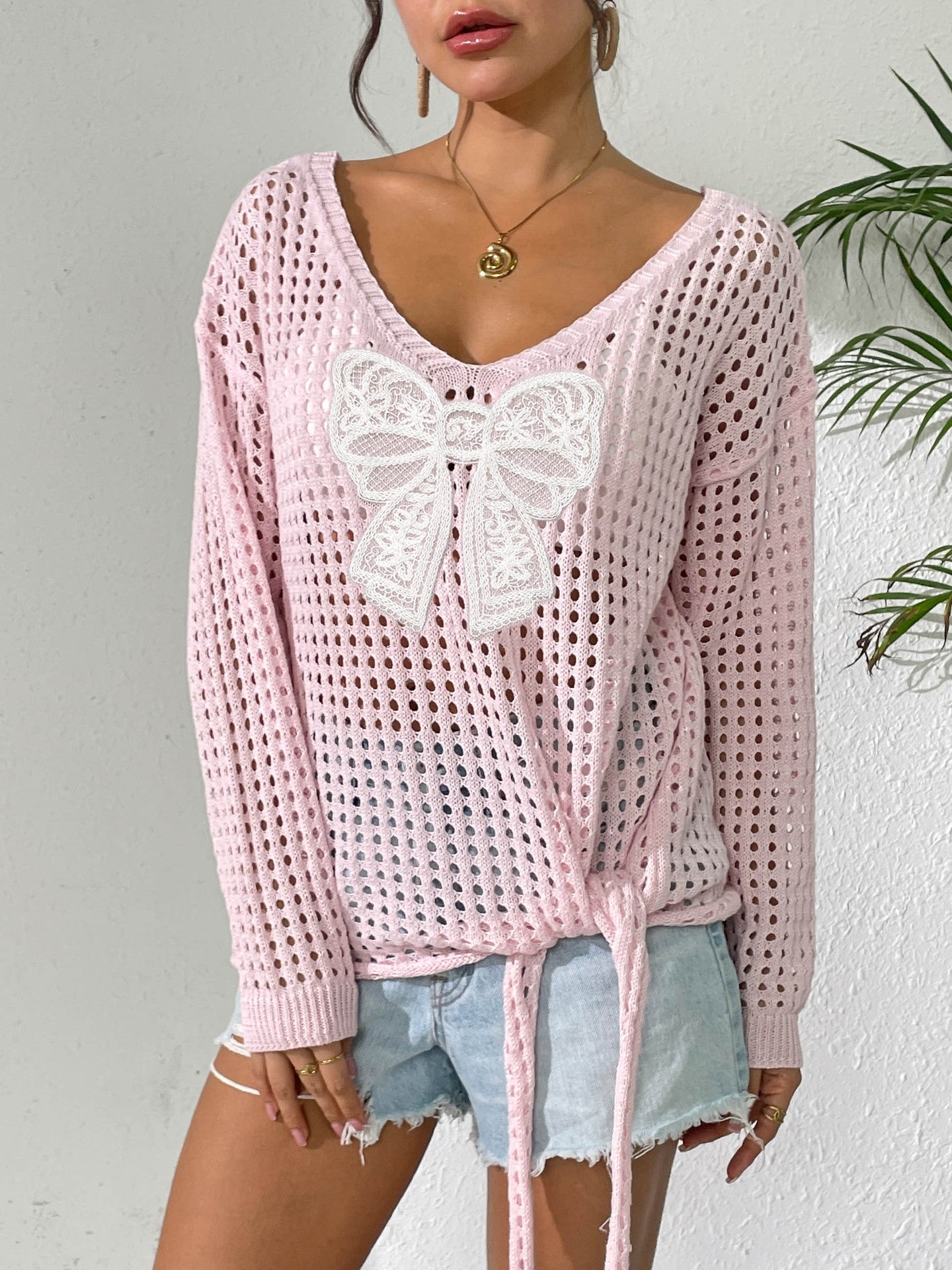 Open Knit Lace Bow Pullover Long Sleeve Top