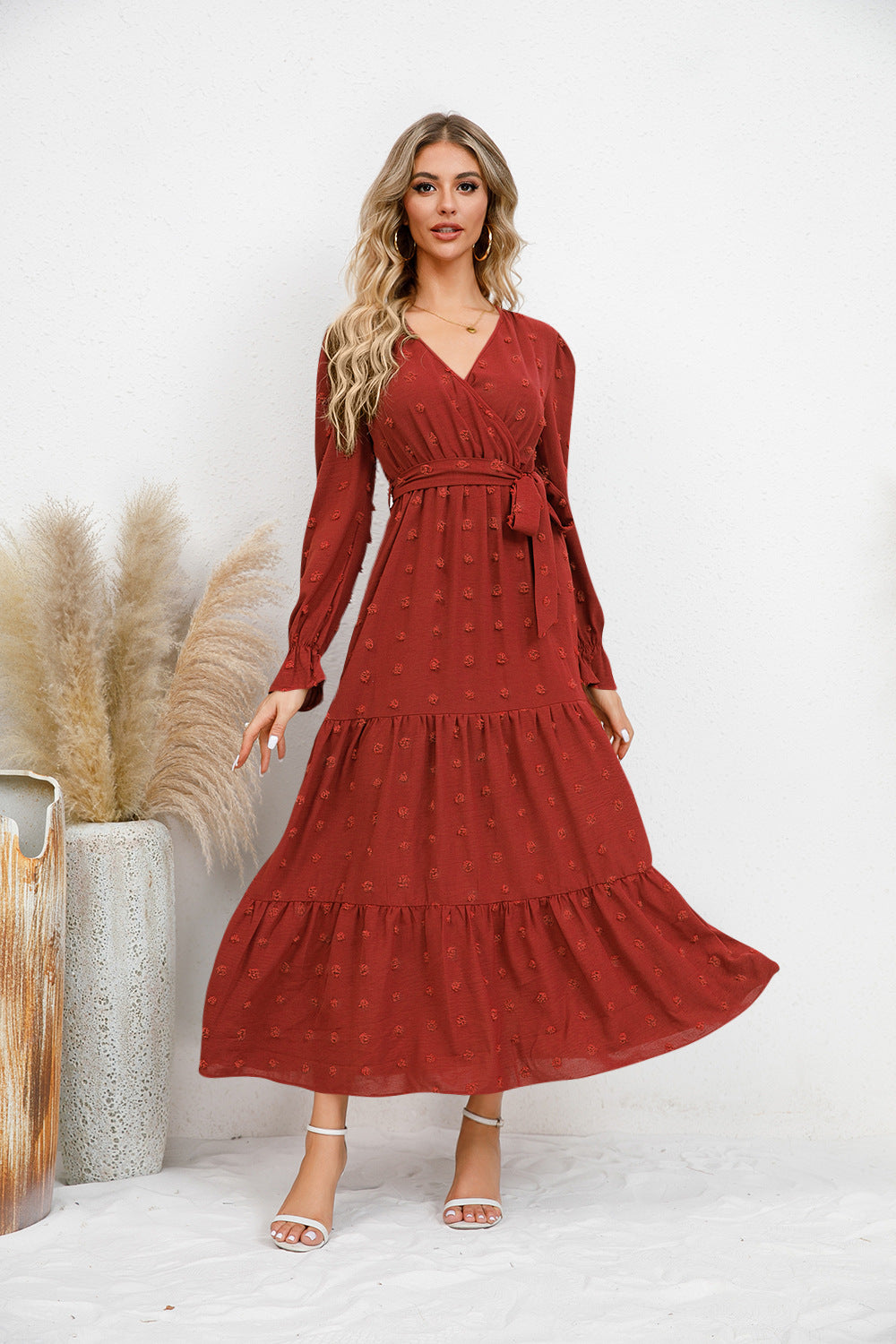 Textured Tiered Maxi Wrap Dress