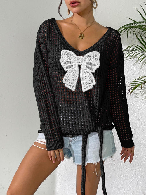 Open Knit Lace Bow Pullover Long Sleeve Top