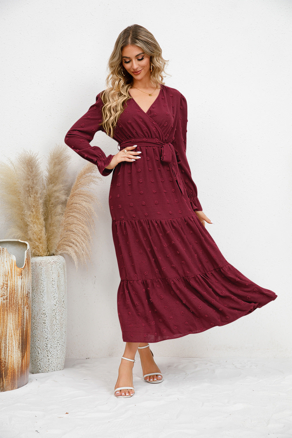 Textured Tiered Maxi Wrap Dress