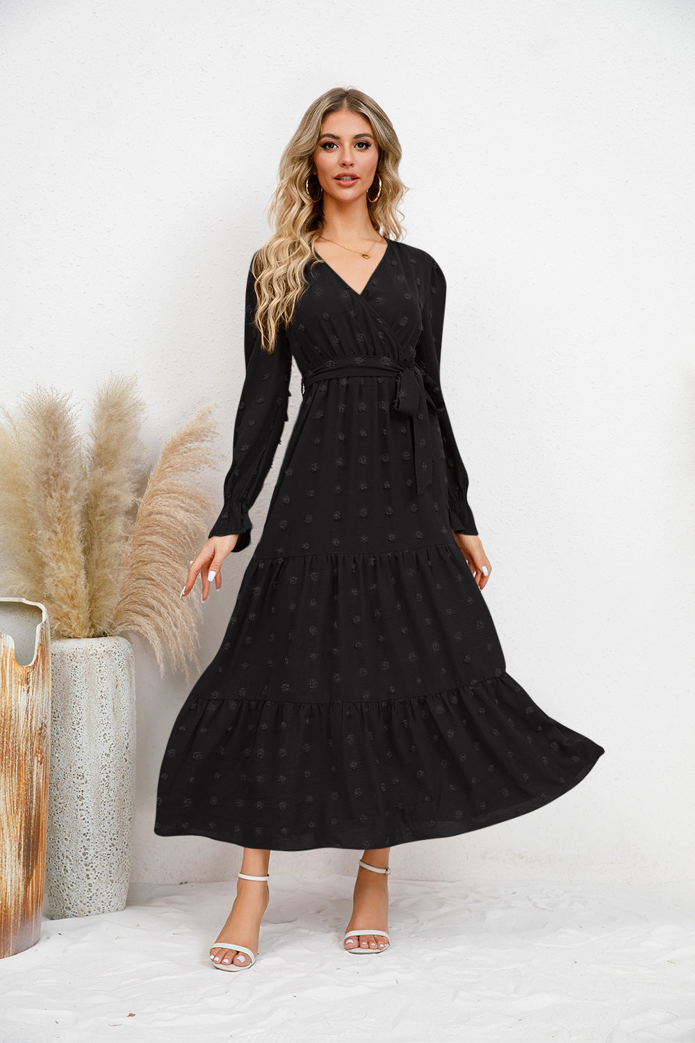 Textured Tiered Maxi Wrap Dress