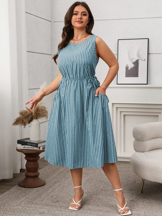 Contrast Color Striped Sleeveless Pocket Dress