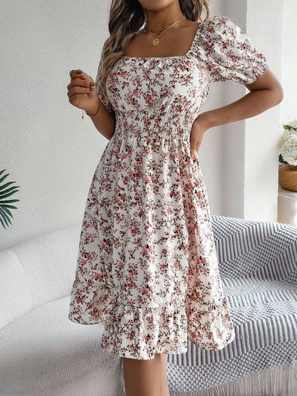 Smocked Floral Puff Sleeve Dress