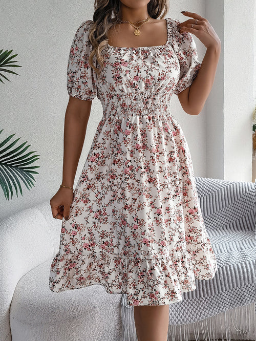 Smocked Floral Puff Sleeve Dress