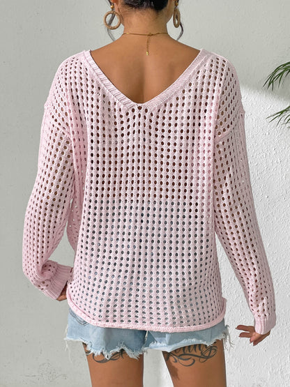 Open Knit Lace Bow Pullover Long Sleeve Top