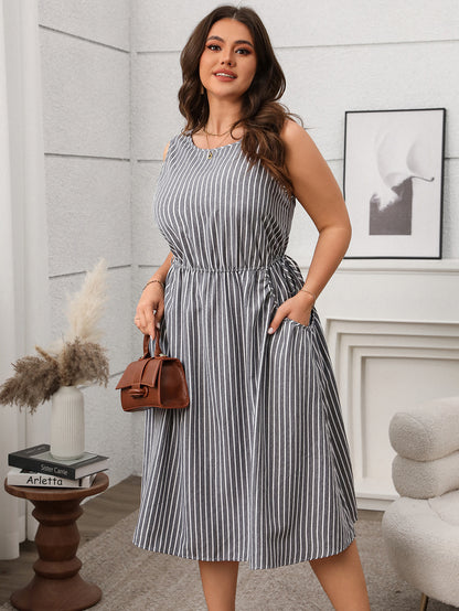 Contrast Color Striped Sleeveless Pocket Dress