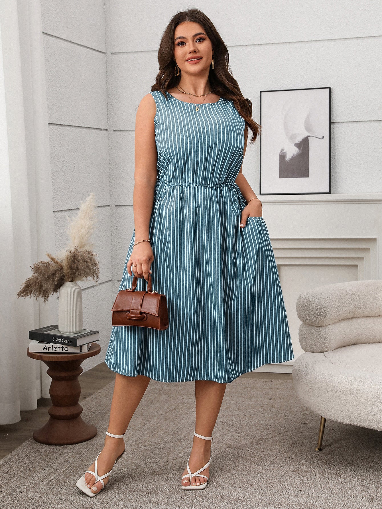 Contrast Color Striped Sleeveless Pocket Dress