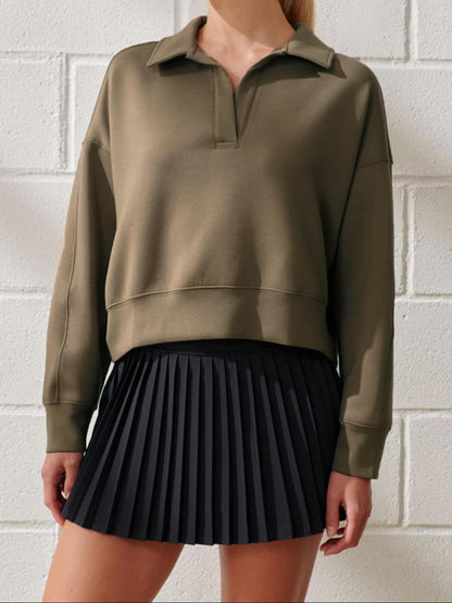 Polo Collared V-Neck Pullover Sweatshirt