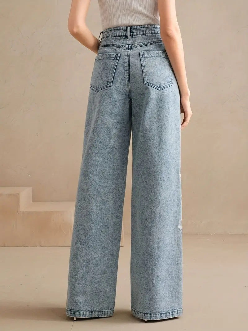 Embroidered High Waist Wide Leg Jeans