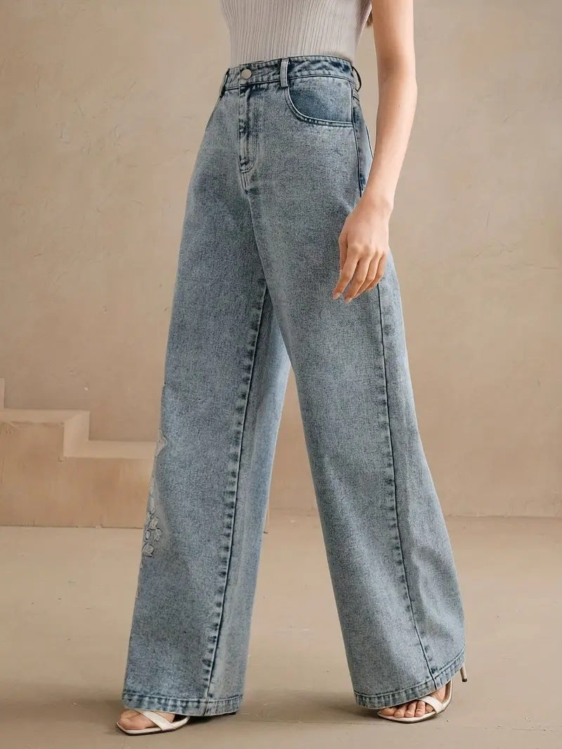 Embroidered High Waist Wide Leg Jeans