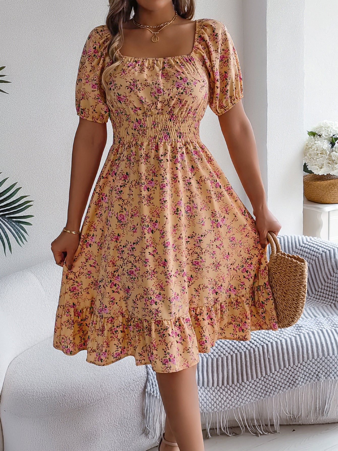 Smocked Floral Puff Sleeve Dress