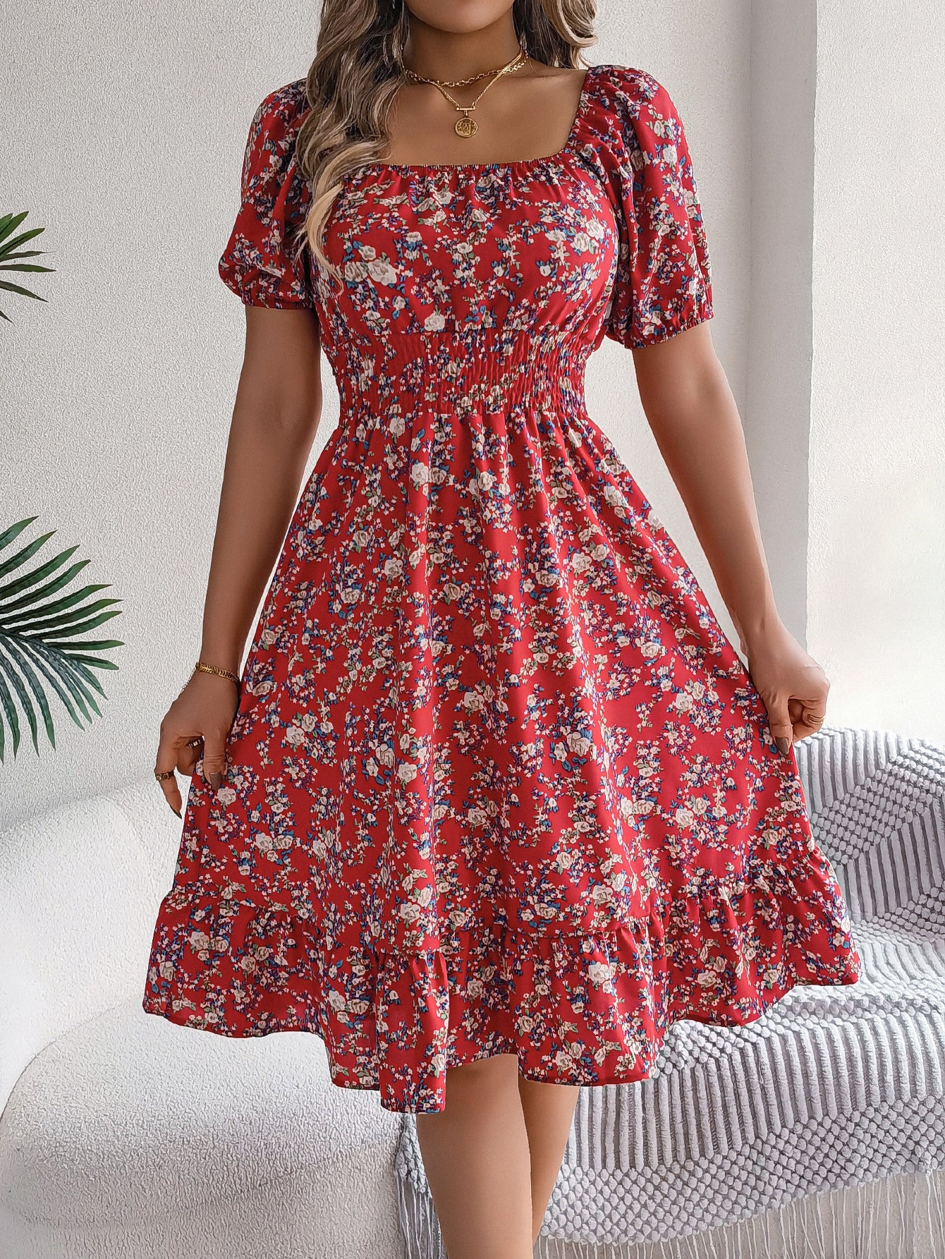 Smocked Floral Puff Sleeve Dress