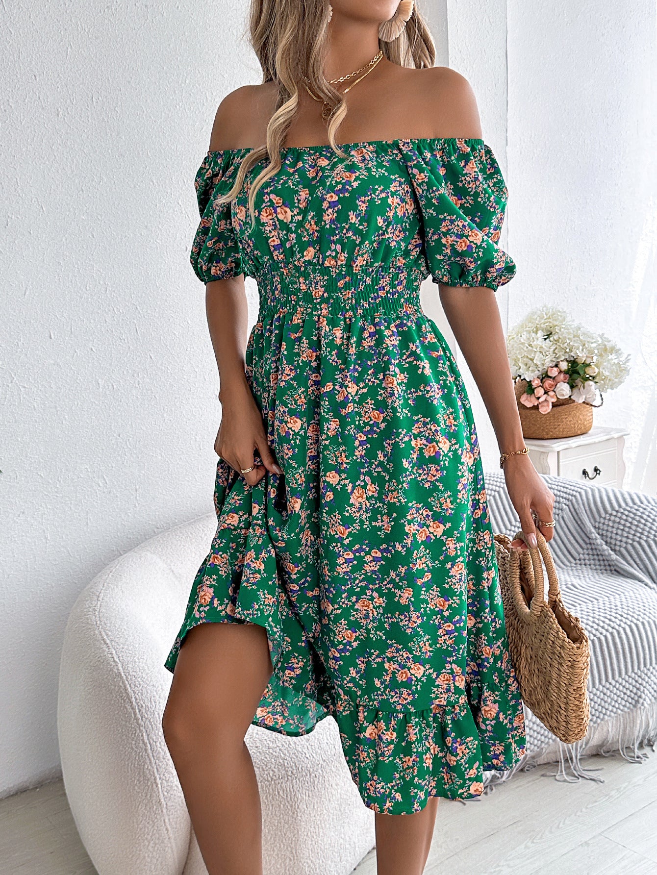 Smocked Floral Puff Sleeve Dress