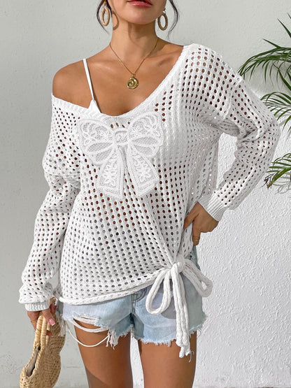 Open Knit Lace Bow Pullover Long Sleeve Top