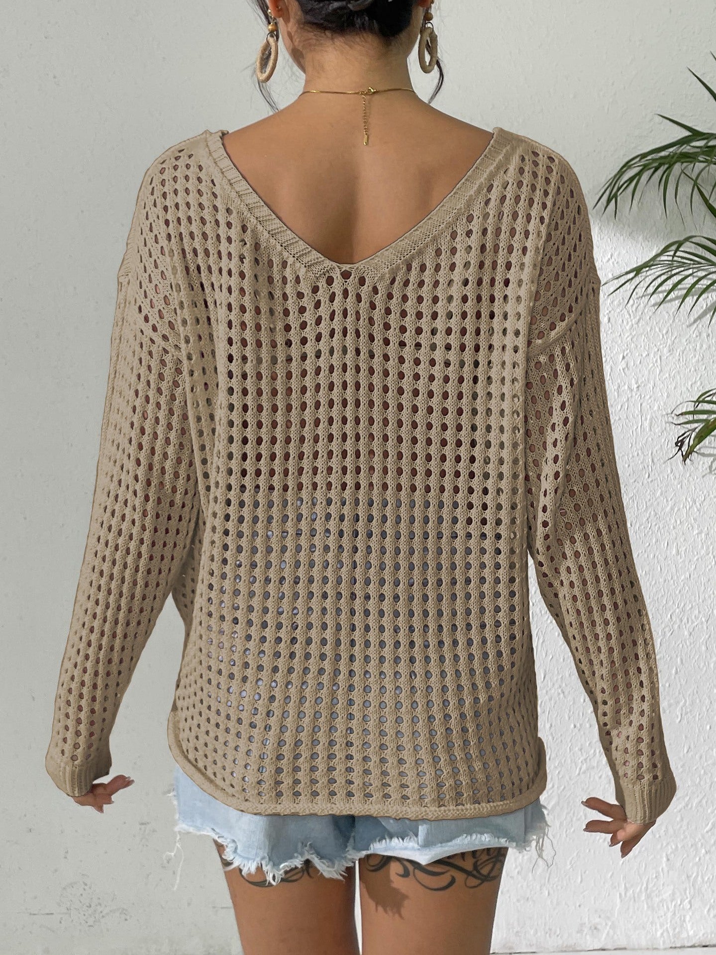 Open Knit Lace Bow Pullover Long Sleeve Top