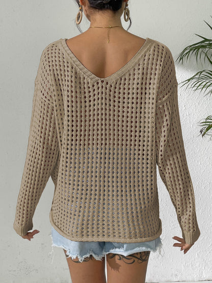 Open Knit Lace Bow Pullover Long Sleeve Top