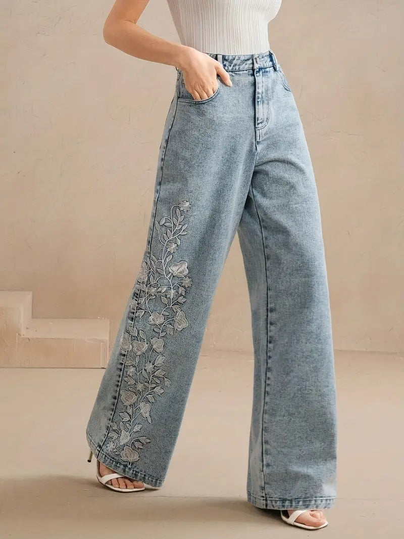 Embroidered High Waist Wide Leg Jeans