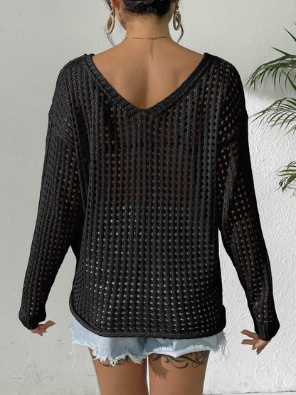 Open Knit Lace Bow Pullover Long Sleeve Top