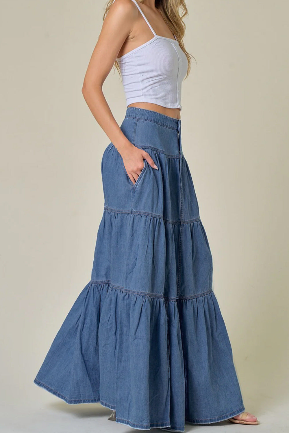 Low Waist Distressed, All-matching Denim Maxi Skirt