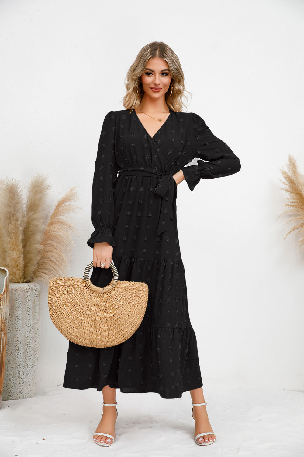 Textured Tiered Maxi Wrap Dress