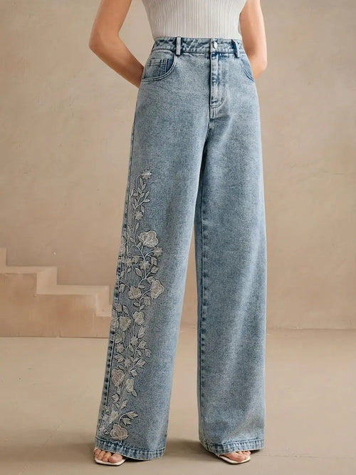Embroidered High Waist Wide Leg Jeans