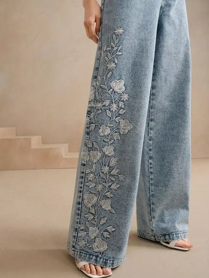Embroidered High Waist Wide Leg Jeans
