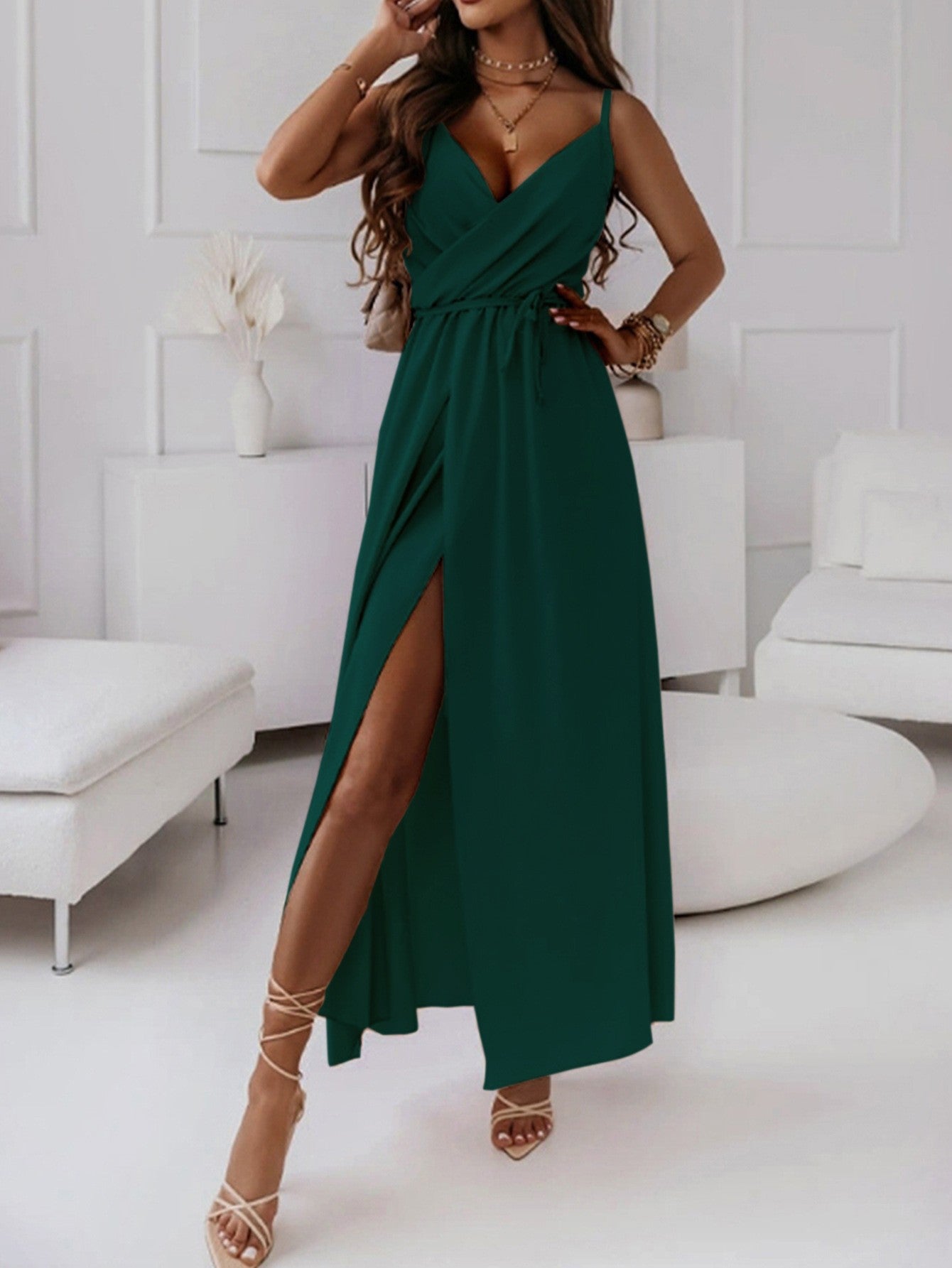 V-Neck Cami Slit Midi Dress with Tie-Waist