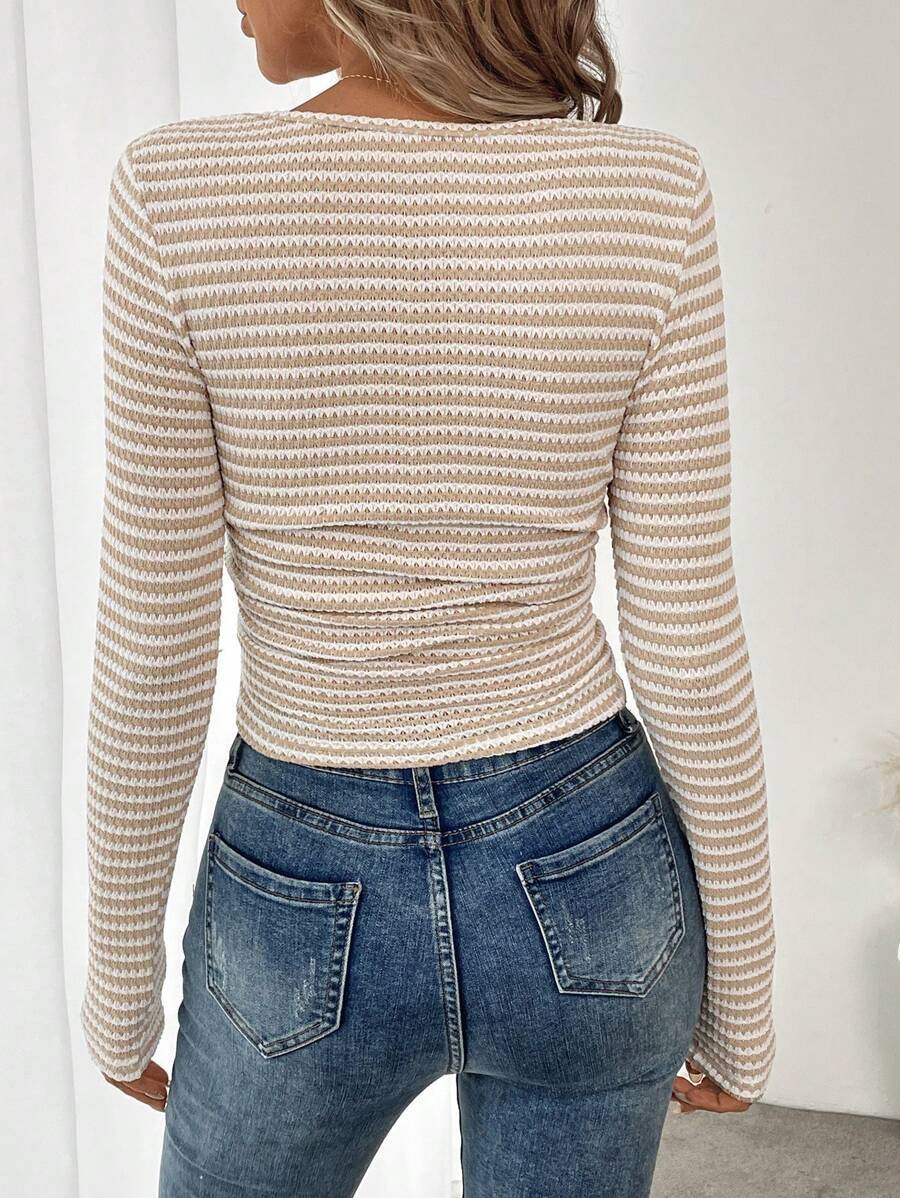 Elegant Striped Square-Neck Long Sleeve Top