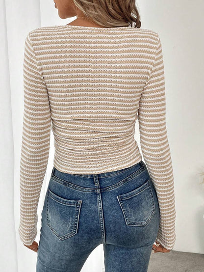 Elegant Striped Square-Neck Long Sleeve Top