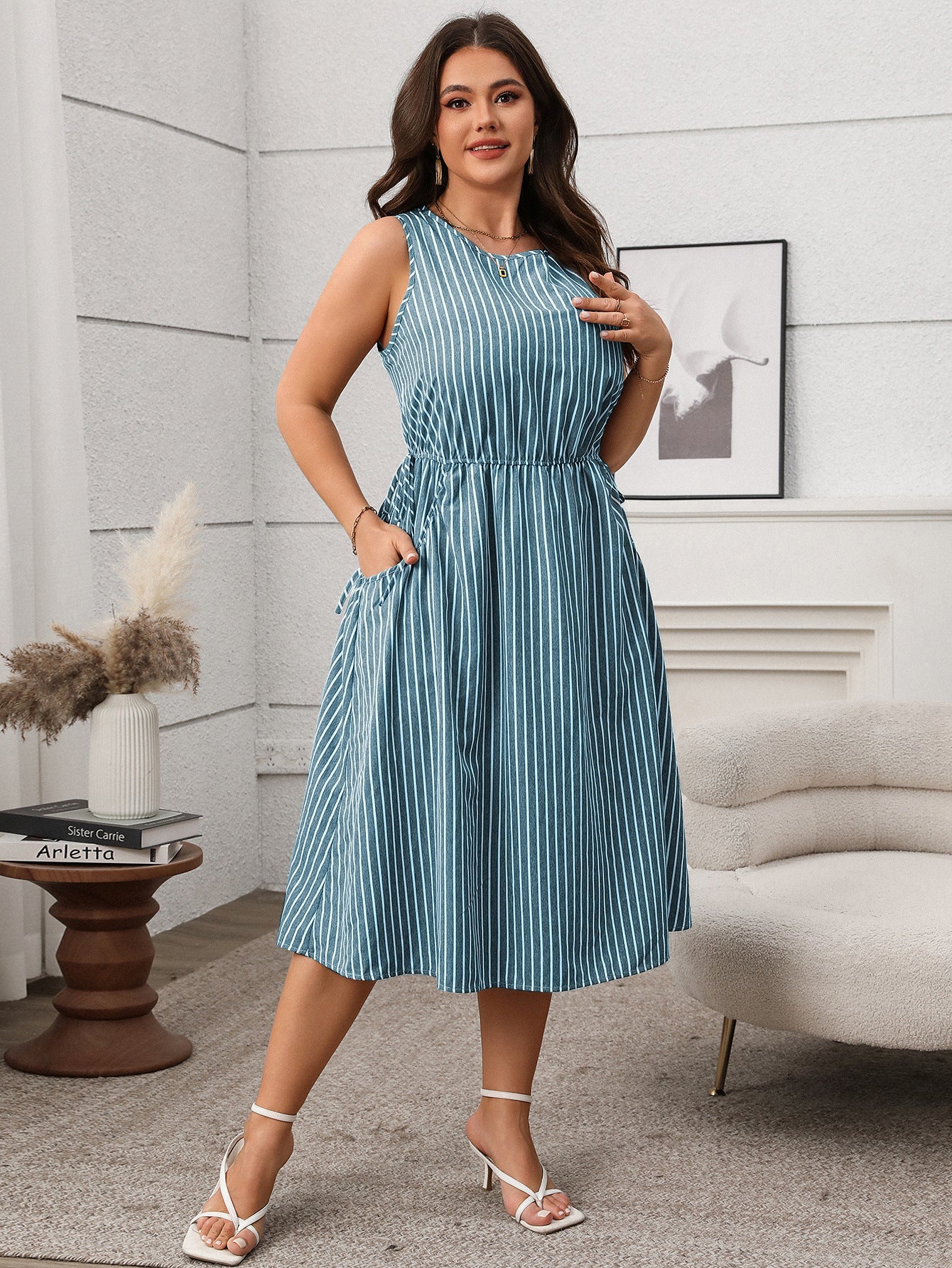 Contrast Color Striped Sleeveless Pocket Dress