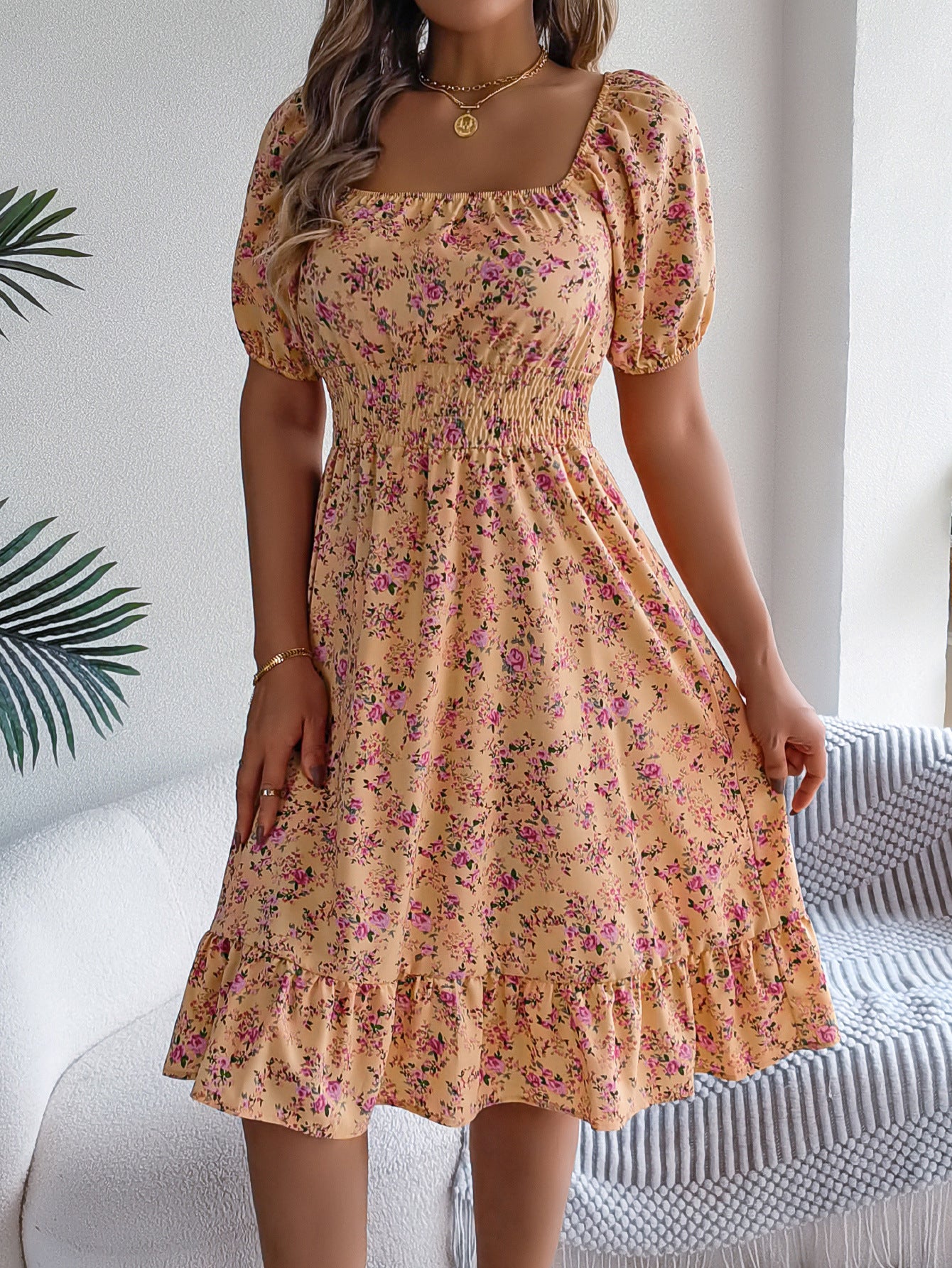 Smocked Floral Puff Sleeve Dress